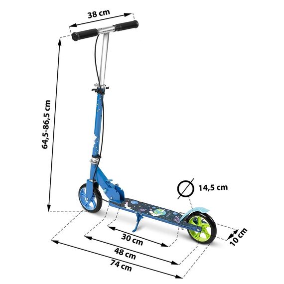 ​Trotineta copii, ghidon din fier, reglabil, 64.5-84.6 cm, roti din cauciuc PU, frana de mana si frana de picior, 3-8 ani, imprimeu spatiu cosmic, albastru, Culoare: Albastru-poza 7-Dacenergy.ro