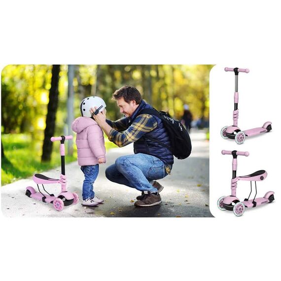 ​Trotineta pentru copii 3in1, inaltime reglabila a ghidonului, iluminare LED colorata a rotilor din fata, frana de picior, roz liliac, Culoare: Roz lila-poza 7-Dacenergy.ro