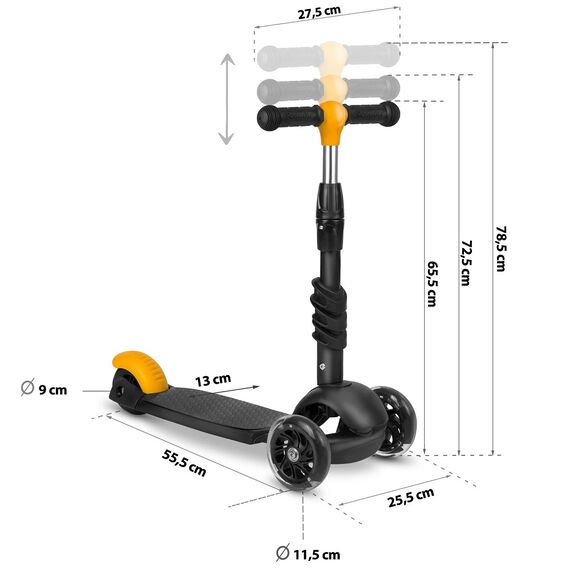 ​Trotineta pentru copii 3in1, inaltime reglabila a ghidonului, iluminare LED colorata a rotilor din fata, frana de picior, negru-portocaliu, Culoare: Portocaliu, Negru-poza 8-Dacenergy.ro