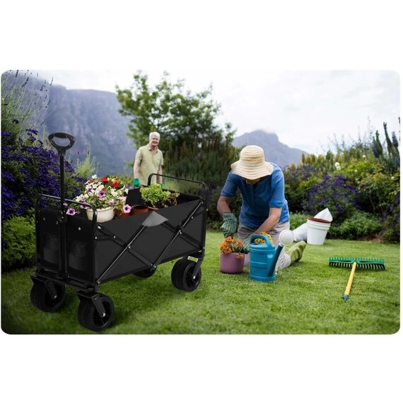 Carucior de transport, material cadru din otel, roti pivotante la 360º, pliabil, buzunare practice, capacitate de incarcare pana la 120 kg, 90 x 50 x 61 cm, negru, Culoare: Negru-poza 4-Dacenergy.ro