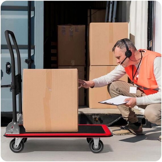 Carucior platforma transport marfa, cadru din otel, capacitate de incarcare pana la 150 kg, maner ergonomic pliabil, 72 x 83 x 43 cm, negru si rosu-poza 6-Dacenergy.ro