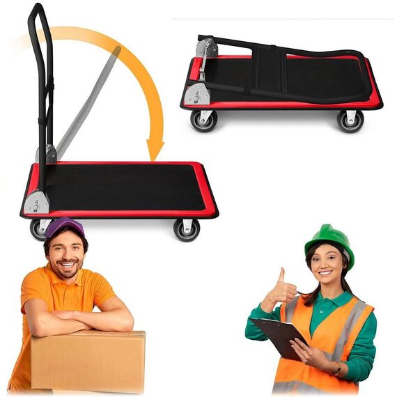 ​Carucior platforma transport marfa, cadru din otel, capacitate de incarcare pana la 300 kg, maner ergonomic pliabil, 90 x 87 x 60 cm, negru si rosu-poza 9-Dacenergy.ro