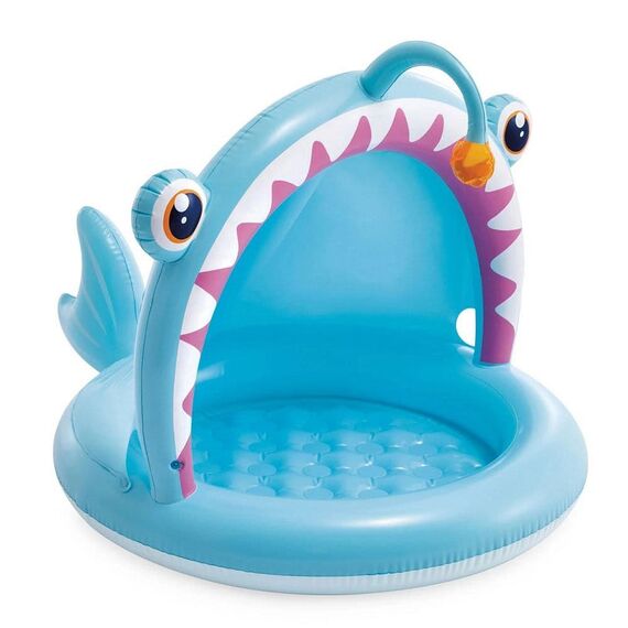 ​Piscina gonflabila pentru copii Intex, cu baza moale si acoperis incorporat, din PVC, in forma de peste, 127 x 102 x 86 cm, albastru-Dacenergy.ro