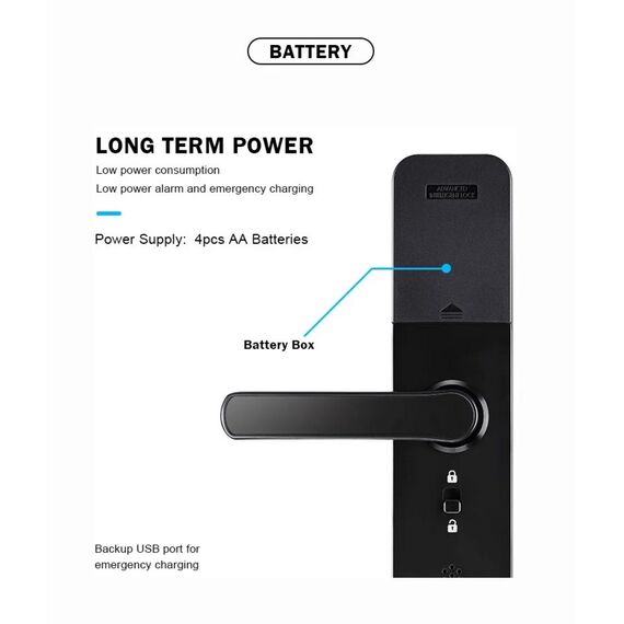 Incuietoare inteligenta DacEnergy©, pentru Hotel / Apartament / Airbnb, material aliaj de aluminiu, deblocare Amprenta digitala / aplicatie / cod / card RFID / cheie, pentru usa din lemn, negru/argintiu-poza 16-Dacenergy.ro