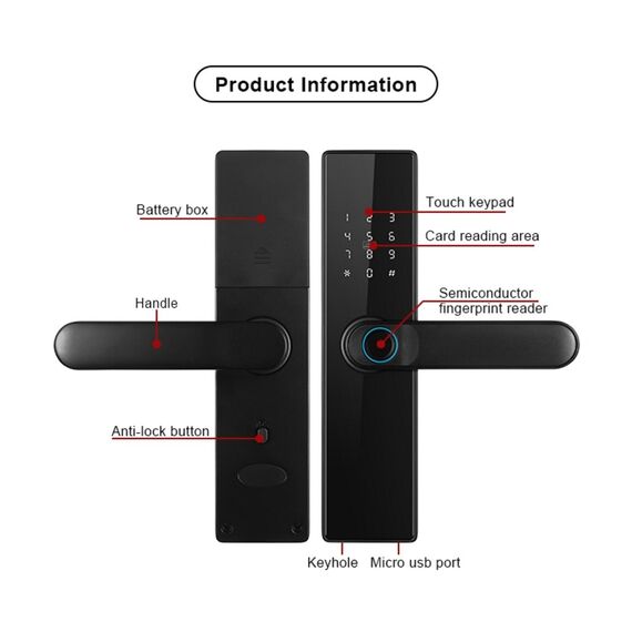 Incuietoare inteligenta DacEnergy©,material aliaj din aluminiu, deblocare Fingerpint, Aplicatie, Cod, Card RFID, NFC, Cheie ,culoare negru/auriu, Culoare: Negru, Auriu-poza 6-Dacenergy.ro