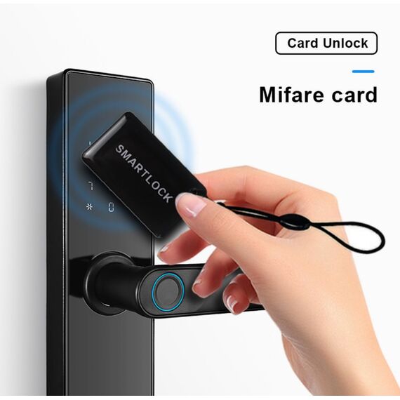Incuietoare inteligenta DacEnergy©,material aliaj din aluminiu, deblocare Fingerpint, Aplicatie, Cod, Card RFID, NFC, Cheie ,culoare negru/auriu, Culoare: Negru, Auriu-poza 16-Dacenergy.ro