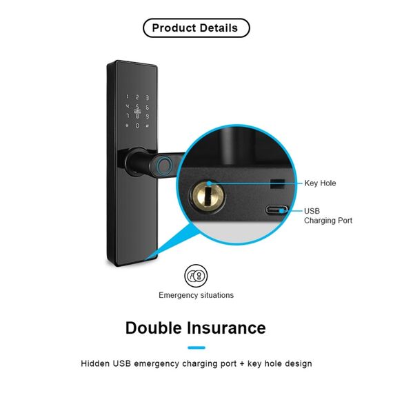 Incuietoare inteligenta DacEnergy©,material aliaj din aluminiu, deblocare Fingerpint, Aplicatie, Cod, Card RFID, NFC, Cheie ,culoare negru/auriu, Culoare: Negru, Auriu-poza 17-Dacenergy.ro