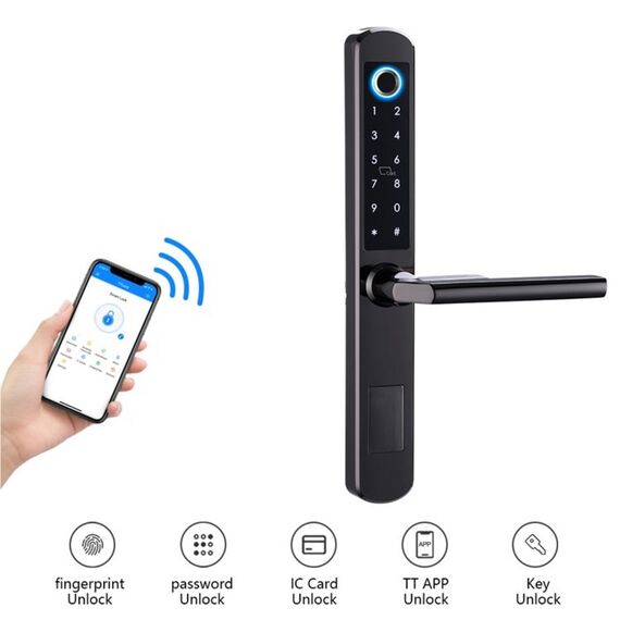 Incuietoare inteligenta DacEnergy©, deblocare APP Bluetooth/card /amprenta/cod/cheie mecanica, pentru usa din lemn/aluminiu/culisanta , culoare negru, Culoare: Negru-poza 3-Dacenergy.ro