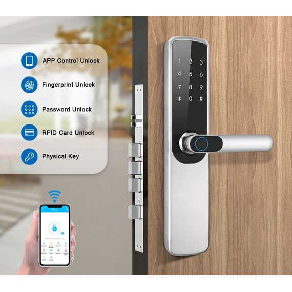 Incuietoare inteligenta DacEnergy©, material aliaj de aluminiu, deblocare amprenta senzor PFC/ digitala / aplicatie TTLOCK / TTHotel & Tuya / Smart Life / cod / card RFID / cheie, argintiu, Culoare: Argintiu-poza 6-Dacenergy.ro