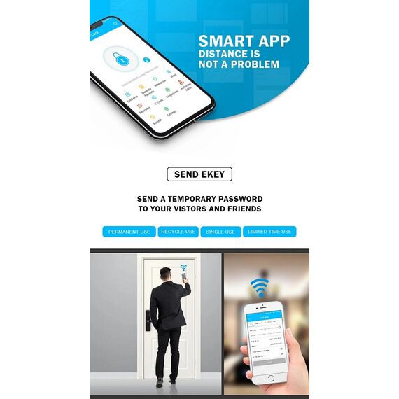 Incuietoare inteligenta DacEnergy©, pentru Hotel / Apartament / Airbnb, material aliaj de aluminiu, deblocare Amprenta digitala / aplicatie / cod / card RFID / cheie, pentru usa din lemn, negru/argintiu-poza 8-Dacenergy.ro