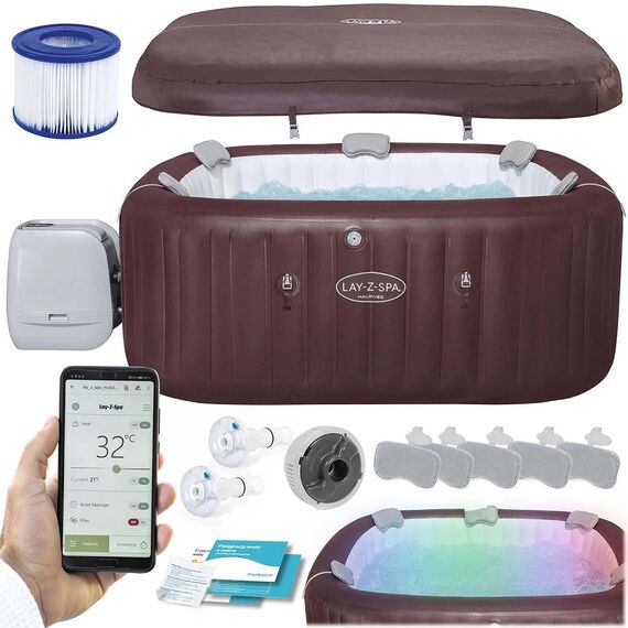 ​Piscina gonflabila, jacuzzi, Bestway Lay-Z Maldives Pro, pompa de filtrare incorporata, filtru pompa tip VI, lumini LED in 7 culori, prelata, apa incalzita la 40°, 5-7 persoane, 1050 l, 201 x 151 x 80 cm, maro-Dacenergy.ro