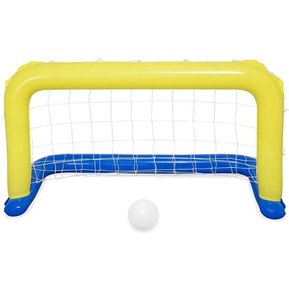 ​Poarta de fotbal gonflabila pentru piscina Bestawy, material PVC, minge, plasa de nailon, 137 x 66 cm, albastru si galben-Dacenergy.ro