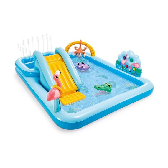 Centru de joaca pentru copii Intex, gonflabil, confectionat din PVC, cu tobogan, 244 x 198 x 71 cm, albastru-Dacenergy.ro