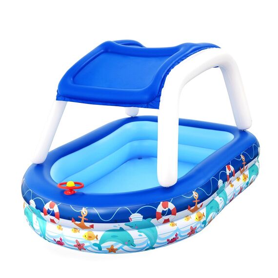 ​Piscina gonflabila pentru copii Bestway, parasolar UV, detasabil, forma de barca, volan incorporat cu claxon, 213 x 155 x 123 cm-Dacenergy.ro