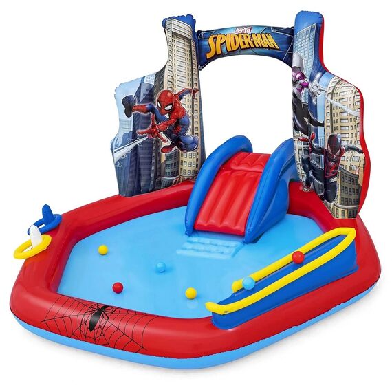​Centru de joaca Bestway, confectionat din vinil, tobogan gonflabil, bile, inele de aruncat, model Spider-Man, capacitate 165 l, 211 x 206 x 127 cm, rosu si albastru-poza 2-Dacenergy.ro