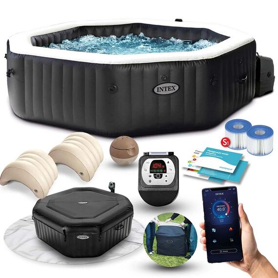 ​Piscina gonflabila cu hidromasaj Intex, pompa de filtrare incorporata, 2 tetiere, 4 persoane, panou de control, cu aplicatie, apa incalzita pana la 40°, prelate, 795 litri, 201 x 71 cm, negru-poza 2-Dacenergy.ro