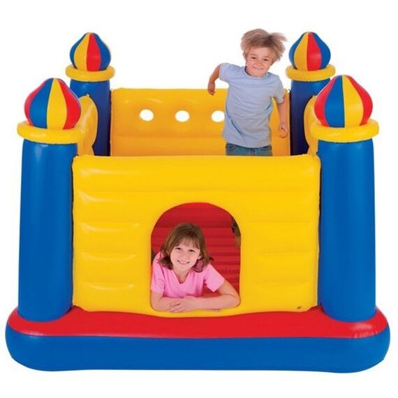 Spatiu de joaca, este realizat din PVC, forma de castel colorat de basm, cu turnuri gonflabile si ziduri, 175 x 175 x 135 cm, galben si albastru-poza 2-Dacenergy.ro