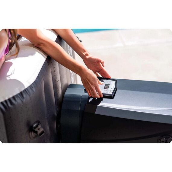 ​Piscina gonflabila cu hidromasaj Intex, pompa de filtrare incorporata, 2 tetiere, 4 persoane, panou de control, cu aplicatie, apa incalzita pana la 40°, prelate, 795 litri, 201 x 71 cm, negru-poza 3-Dacenergy.ro