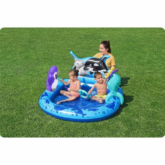 Centru de joaca Bestway, confectionat din PVC, un parc acvatic, 3 inele colorate, 134 x 131 x 73 cm, 84 l, nuante de albastru-poza 4-Dacenergy.ro