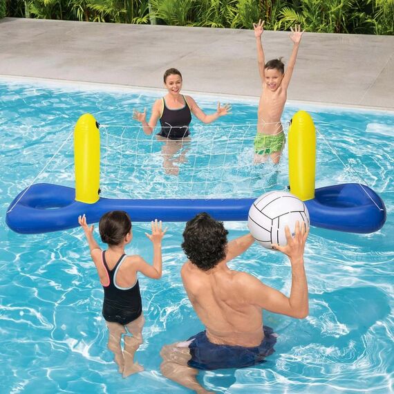 ​Poarta de volei gonflabila pentru piscina Bestway, material PVC, minge, plasa durabila, 252 x 64 cm, galben si albastru-poza 4-Dacenergy.ro