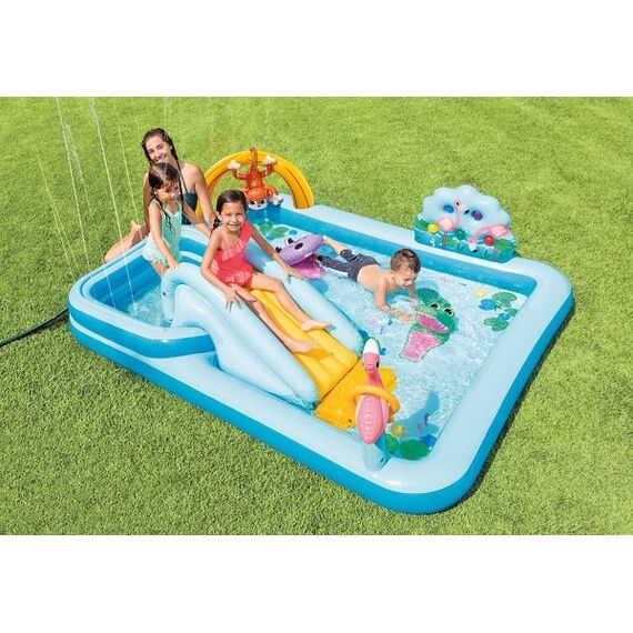 Centru de joaca pentru copii Intex, gonflabil, confectionat din PVC, cu tobogan, 244 x 198 x 71 cm, albastru-poza 4-Dacenergy.ro