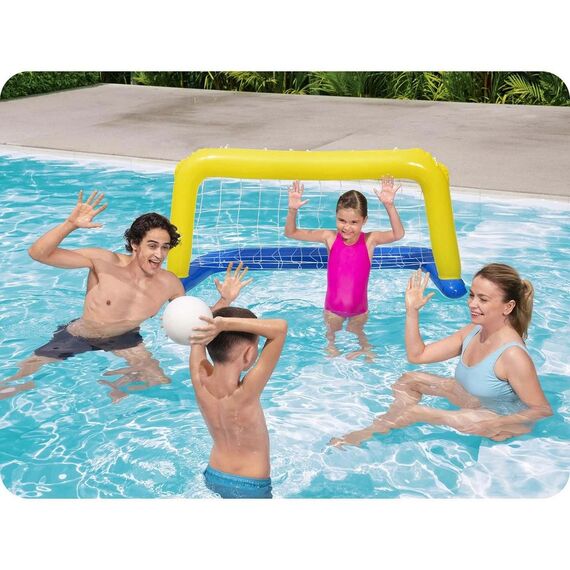 ​Poarta de fotbal gonflabila pentru piscina Bestawy, material PVC, minge, plasa de nailon, 137 x 66 cm, albastru si galben-poza 5-Dacenergy.ro
