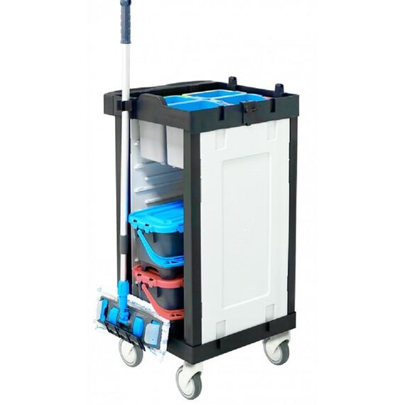 ​Carucior pentru curatenie DacEnergy©, cadru din plastic cu pereti, 4 galeti de 5 L cu site pentru dozare, 2 galeti etanse de 10 L cu site de dozare, suport pentru sprijin mop-Dacenergy.ro