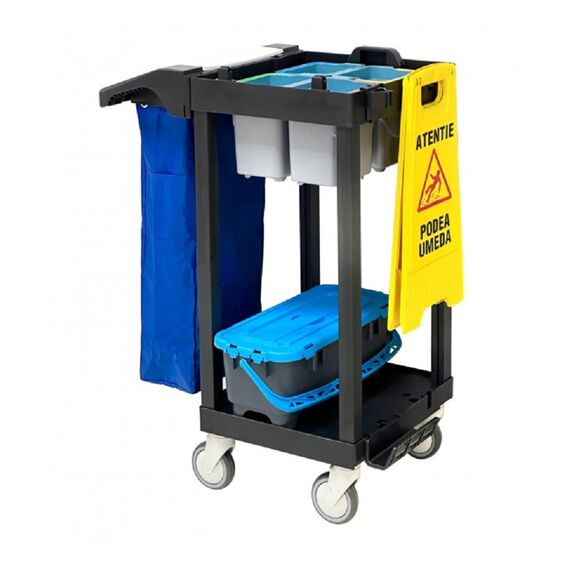 Carucior pentru curatenie DacEnergy©, 4 galeti de 5 L cu site pentru dozare, 1 galeata etansa de 10 L , cadru sac cu capac, maner ergonomic pentru impingere-Dacenergy.ro