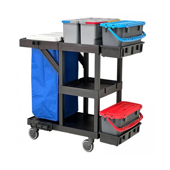 ​Carucior pentru curatenie in spital DacEnergy©, 2 galeti etanse de 20 L cu site de dozare, 4 galeti de 8L, cadru sac cu capac, spatiu depozitare produse de curatenie-poza 2-Dacenergy.ro