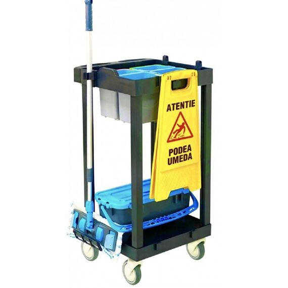 Carucior pentru curatenie DacEnergy©, 4 galeti de 5 L cu site pentru dozare, 1 galeata etansa pt mopuri plate preimpregnate, cu agatatoare, 4 roti-Dacenergy.ro
