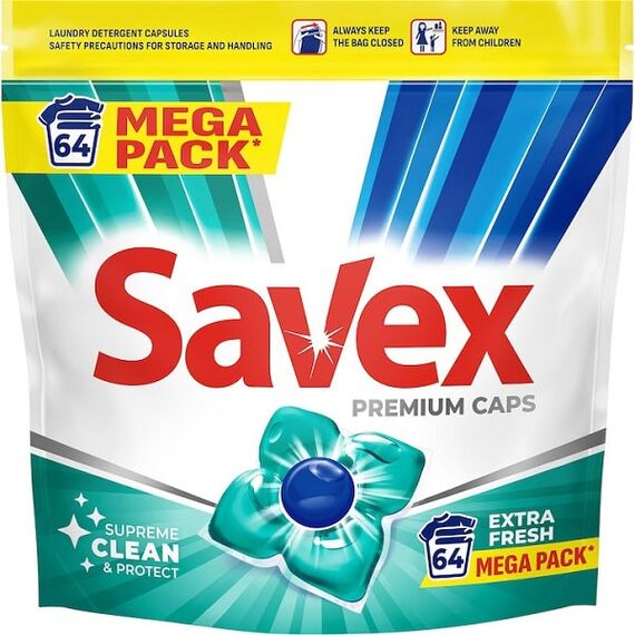 Detergent de rufe capsule Savex Premium Caps Extra Fresh, curatare puternica, 64 capsule-Dacenergy.ro