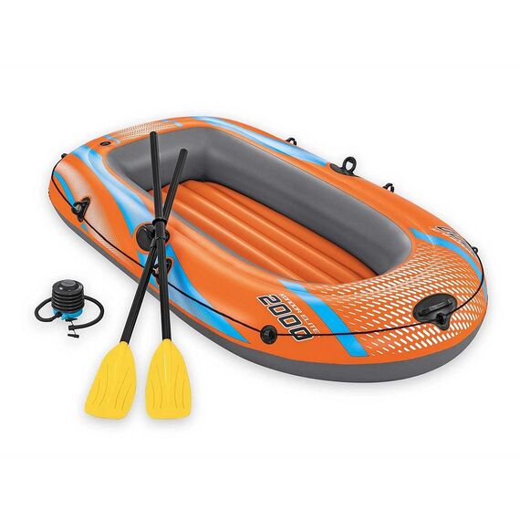 ​Barca gonflabila Bestway, un adult si un copil, 2 vasle din plastic, sarcina maxima 120 kg, pompa cu piston inclusa, 196 x 106 cm, portocaliu, Capacitate persoane	: 2-Dacenergy.ro