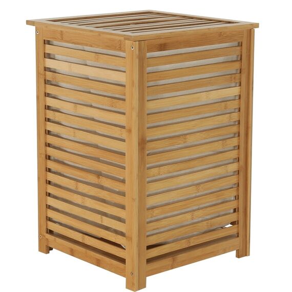 ​Cos pentru rufe DacEnergy©, realizat din bambus lacuit si material textil, cu spatiu de depozitare, design modern, 40x40x58 cm, bej, Culoare: Bej-Dacenergy.ro