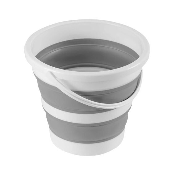 ​Galeata pliabila DacEnergy©, realizata din plastic si silicon gros, cu maner, capac cu sita, capacitate maxima de 10 litri, 32.5 x 20.5 cm, alb si gri-Dacenergy.ro