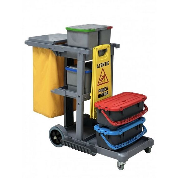 Carucior curatenie in spital pentru mop talpa DacEnergy©, plastic, cadru cu roti mari, 2 galeti etanse de 20L, 4 galeti de 8L, cadru sac cu capac-poza 2-Dacenergy.ro