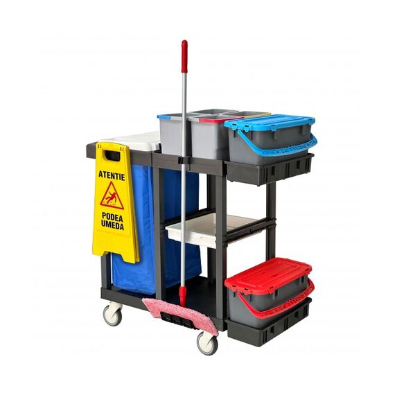 ​Carucior pentru curatenie in spital DacEnergy©, 2 galeti etanse de 20 L cu site de dozare, 4 galeti de 8L, cadru sac cu capac, spatiu depozitare produse de curatenie-Dacenergy.ro