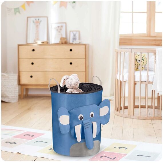 ​Cutie organizator pentru copii DacEnergy©, fabricat din material durabil, capacitate foarte mare, un cordon pentru inchidere, cu manere, imprimeu elefant, 34 x 48 cm, albastru, Culoare: Albastru-poza 2-Dacenergy.ro