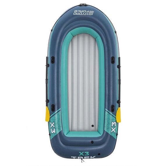 ​Barca gonflabila Bestway, 3 camere de aer, 3 adulti, 2 vasle din plastic, sarcina maxima 360 kg, pompa cu piston inclusa, 294 x 137 cm, albastra, Capacitate persoane	: 3-Dacenergy.ro