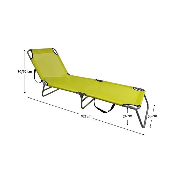 Sezlong de gradina DacEnergy©, confectionat din otet si tesatura artificiala, 5 pozitii de inclinare a spatarului, suport pentru picioare, pliat, 58 x 182 x 30/79 cm, gri si verde-poza 2-Dacenergy.ro