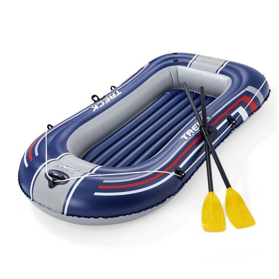 ​Barca gonflabila Bestway, PVC durabil, 3 camere de aer, 2 adulti, 2 vasle din plastic, sarcina maxima 170 kg, pompa de picior, 228 x 121 cm, albastra-Dacenergy.ro