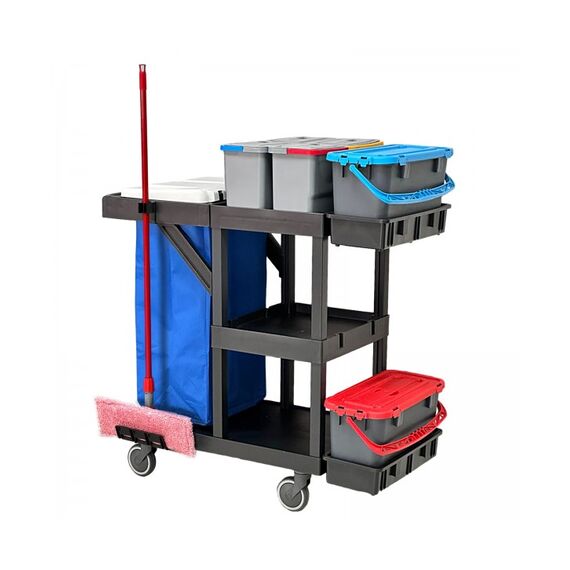 ​Carucior pentru curatenie in spital DacEnergy©, 2 galeti etanse de 20 L cu site de dozare, 4 galeti de 8L, cadru sac cu capac, spatiu depozitare produse de curatenie-poza 3-Dacenergy.ro