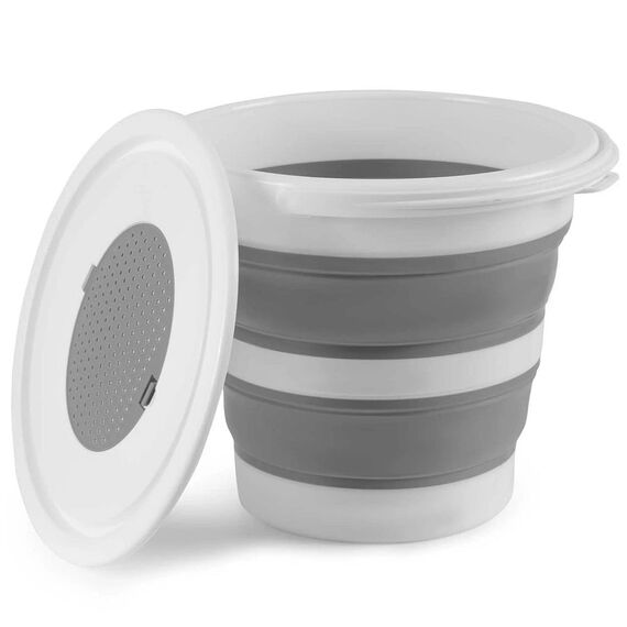 ​Galeata pliabila DacEnergy©, realizata din plastic si silicon gros, cu maner, capac cu sita, capacitate maxima de 10 litri, 32.5 x 20.5 cm, alb si gri-poza 3-Dacenergy.ro
