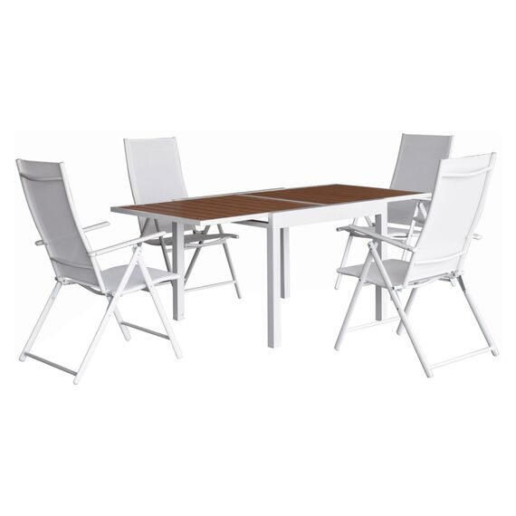 ​Set gradina DacEnergy©, constructia din aluminiu, completat cu material sintetic si polywood, 4 scaune, 7 posibilitati de pozitionare, o masa extensibila, 90-180 x 83-90 x 73 cm, alb si stejar-poza 3-Dacenergy.ro