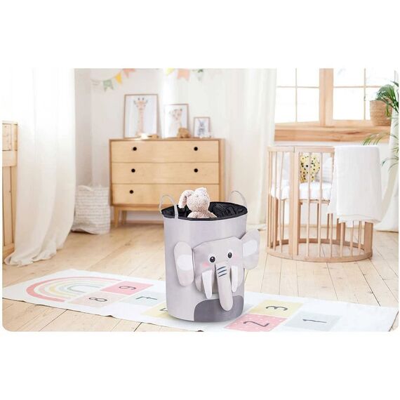 Cutie organizator pentru copii DacEnergy©, fabricat din material durabil, capacitate foarte mare, un cordon pentru inchidere, cu manere, imprimeu elefant, 34 x 48 cm, gri, Culoare: Gri deschis-poza 4-Dacenergy.ro