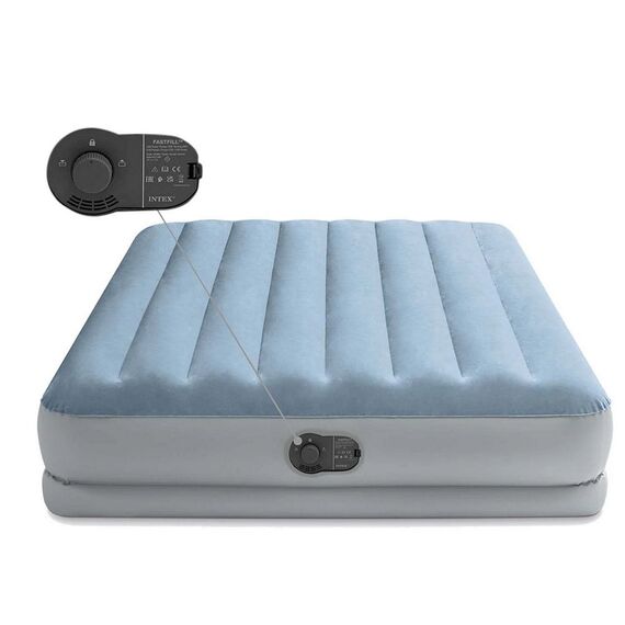 ​Saltea gonflabila Intex, confectionata PVC si velur, cadru din fibre ultradurabile, tehnologia DURA-BEAM, cu pompa electrica incorporata, 2 persoane, 203 x 152 x 36 cm, gri si bleu-poza 4-Dacenergy.ro