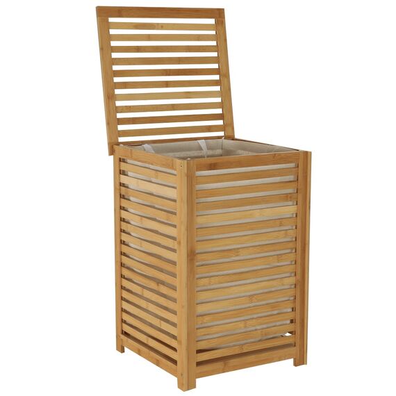 ​Cos pentru rufe DacEnergy©, realizat din bambus lacuit si material textil, cu spatiu de depozitare, design modern, 40x40x58 cm, bej, Culoare: Bej-poza 4-Dacenergy.ro