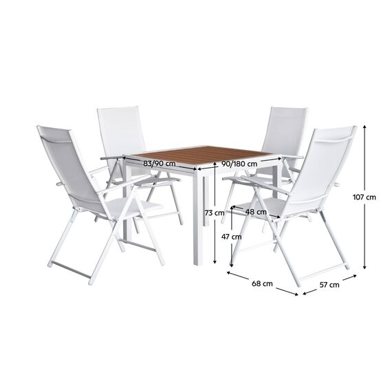 ​Set gradina DacEnergy©, constructia din aluminiu, completat cu material sintetic si polywood, 4 scaune, 7 posibilitati de pozitionare, o masa extensibila, 90-180 x 83-90 x 73 cm, alb si stejar-poza 4-Dacenergy.ro