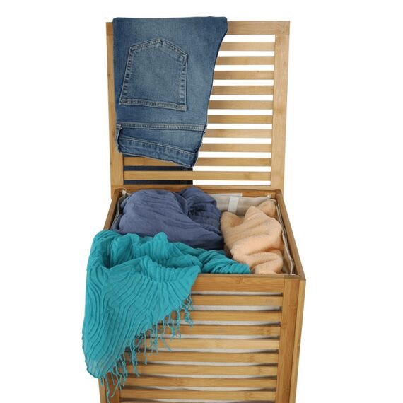 ​Cos pentru rufe DacEnergy©, realizat din bambus lacuit si material textil, cu spatiu de depozitare, design modern, 40x40x58 cm, bej, Culoare: Bej-poza 5-Dacenergy.ro