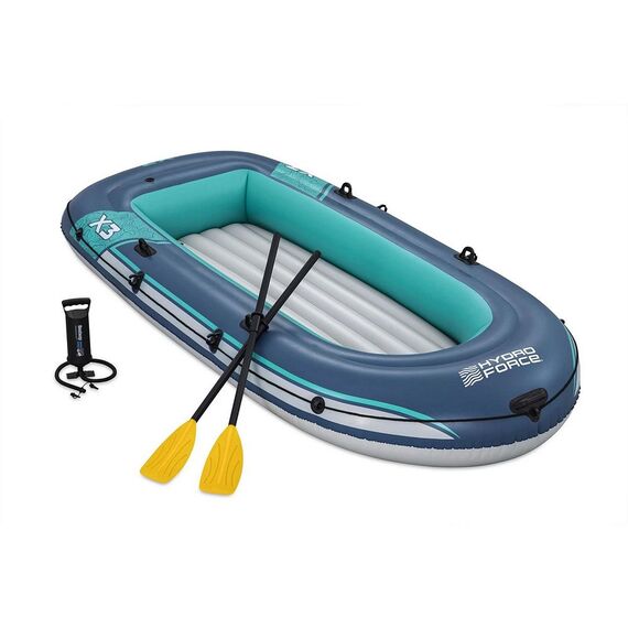 ​Barca gonflabila Bestway, 3 camere de aer, 3 adulti, 2 vasle din plastic, sarcina maxima 360 kg, pompa cu piston inclusa, 294 x 137 cm, albastra, Capacitate persoane	: 3-poza 6-Dacenergy.ro