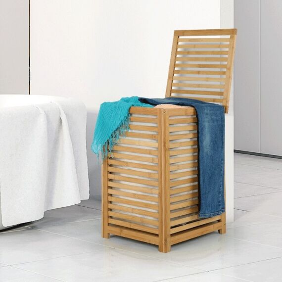 ​Cos pentru rufe DacEnergy©, realizat din bambus lacuit si material textil, cu spatiu de depozitare, design modern, 40x40x58 cm, bej, Culoare: Bej-poza 6-Dacenergy.ro
